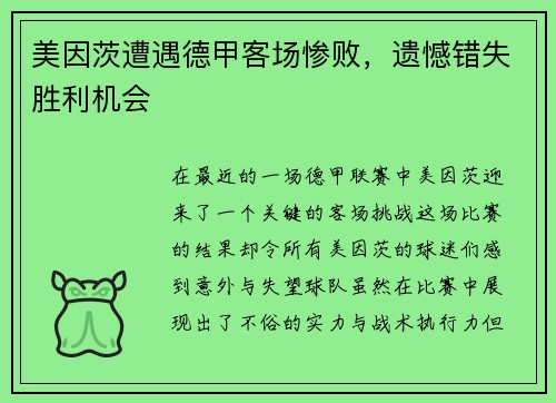 美因茨遭遇德甲客场惨败，遗憾错失胜利机会